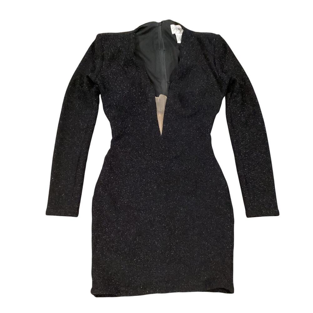 Sherri Hill Plunging mesh Neckline Bodycon Mini Evening Dress Shimmer Black 2